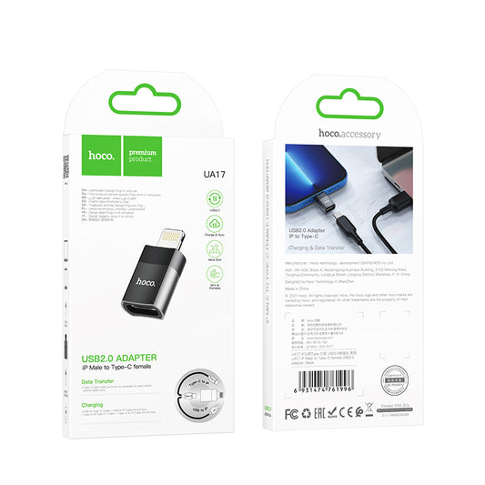 Lightning(Macho) to Tipo-C(Hembra) USB 2.0 Adaptador HOCO UA17 Color Negro