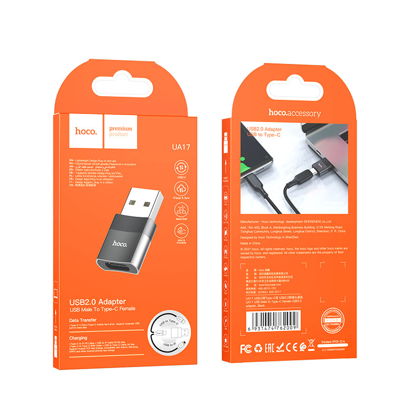 HOCO UA17 USB2.0(Macho) a Tipo-C(hembra) Adaptador Negro