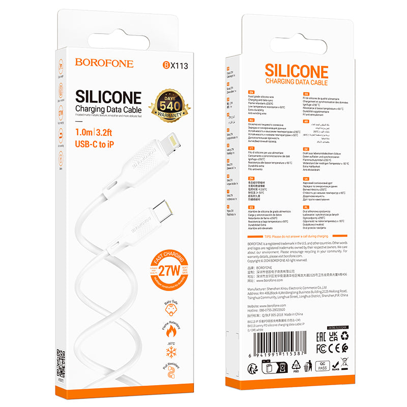 Cable de datos y carga BOROFONE BX113 27W Type-C a Lightning Lenny, de silicona Blanco